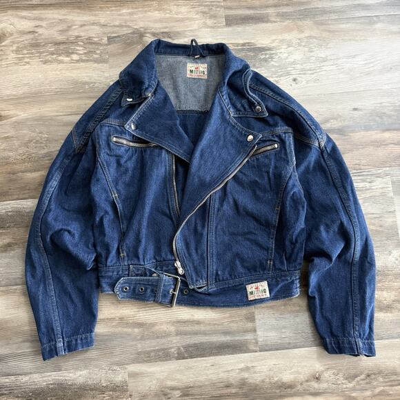 Vintage Mustang Denim Jacket Medium Blue Jean Zip Back Belted Portugal Made - Picture 1 of 10